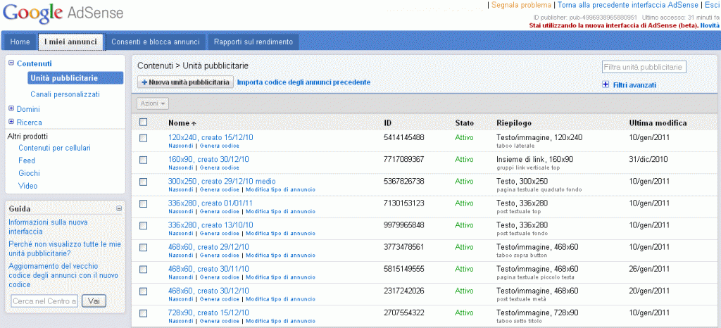 Creare le pubblicità annunci adsense utilizzando la nuova interfaccia