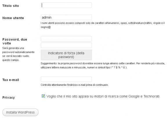inserire dati installazione wordpress