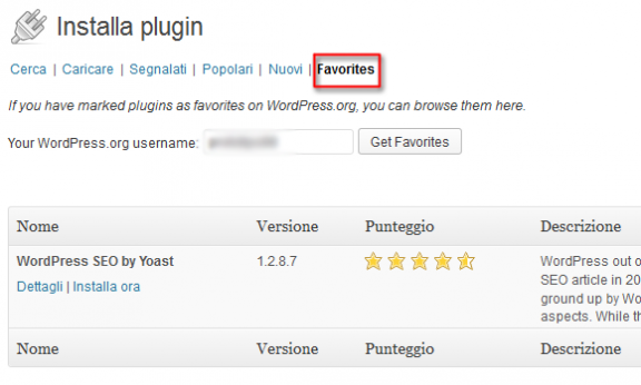 Menù Plugin Favoriti in WP 3.5