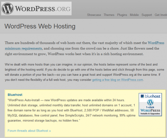 wordpress.org consiglia bluehost