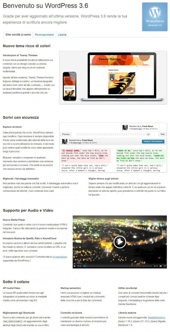 Schermata di benvenuto WordPress 3.6